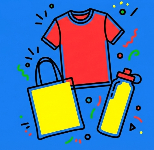 Colorful merchandise including a red t-shirt, yellow tote bag, and yellow water bottle